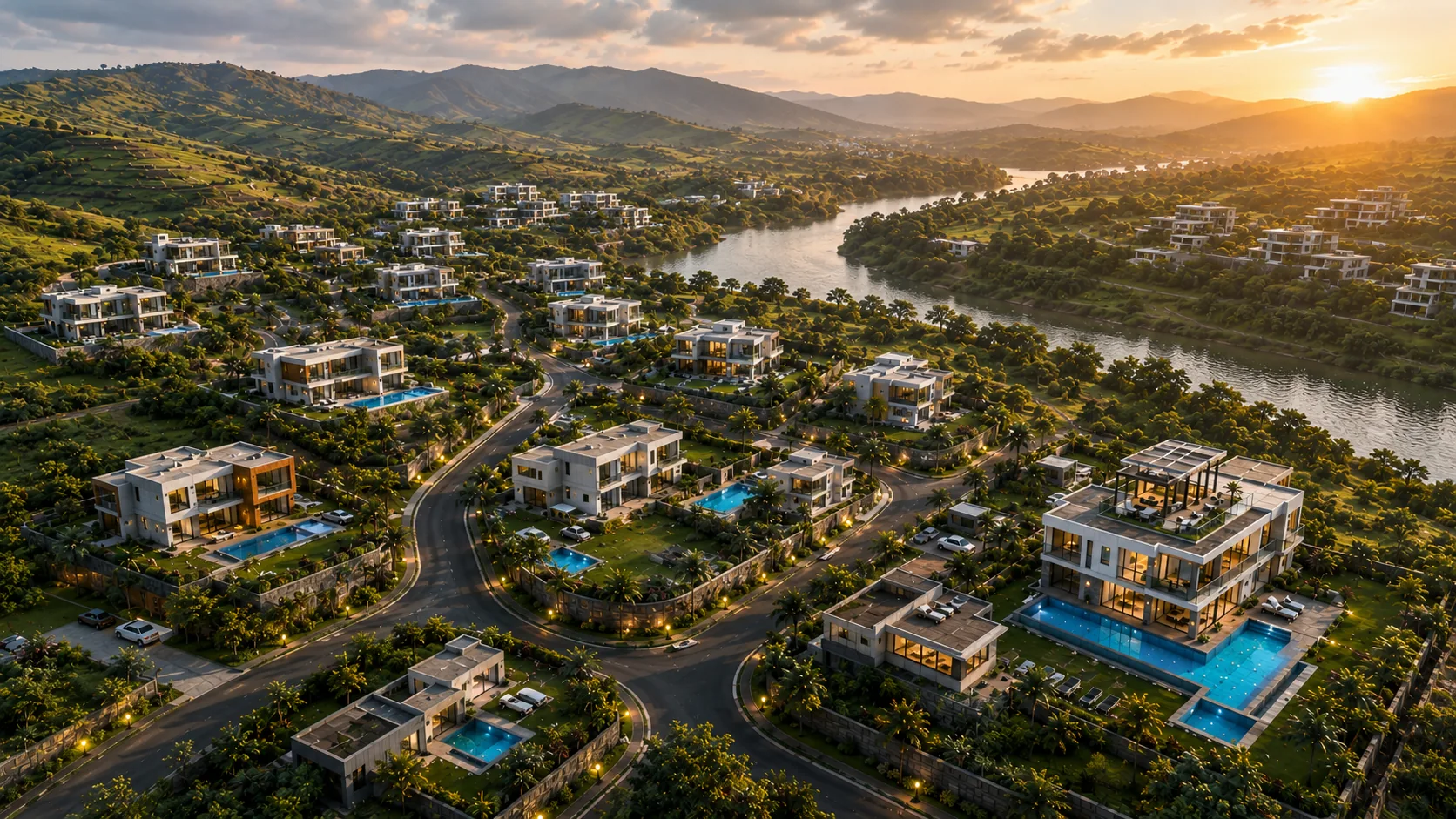 Aerial view of a Meravilla Pool City community — the kind of shot most research now starts with, on a phone