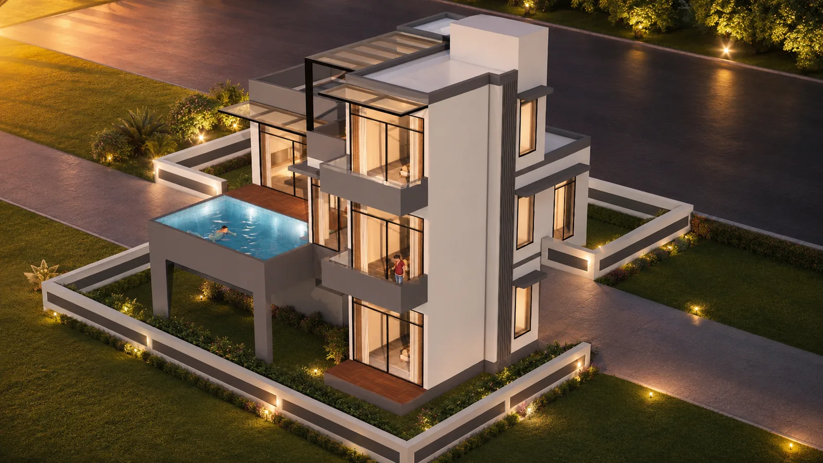 A pool villa garden at Kasara in the evening