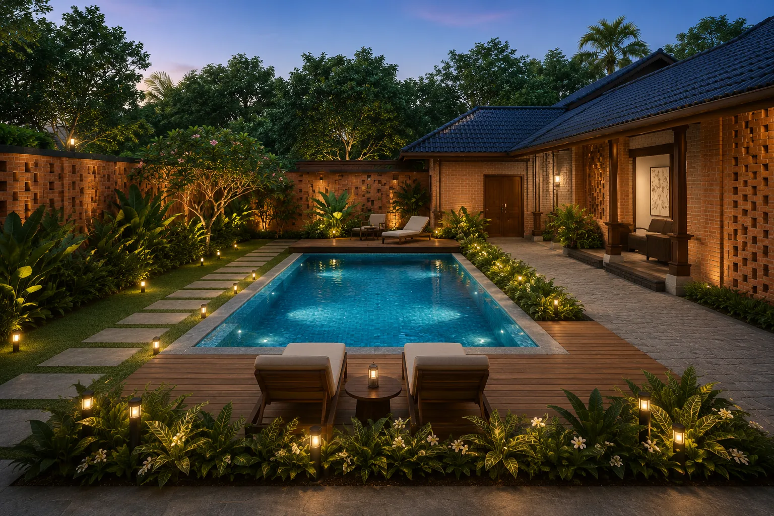 The pool at a private estate at dusk