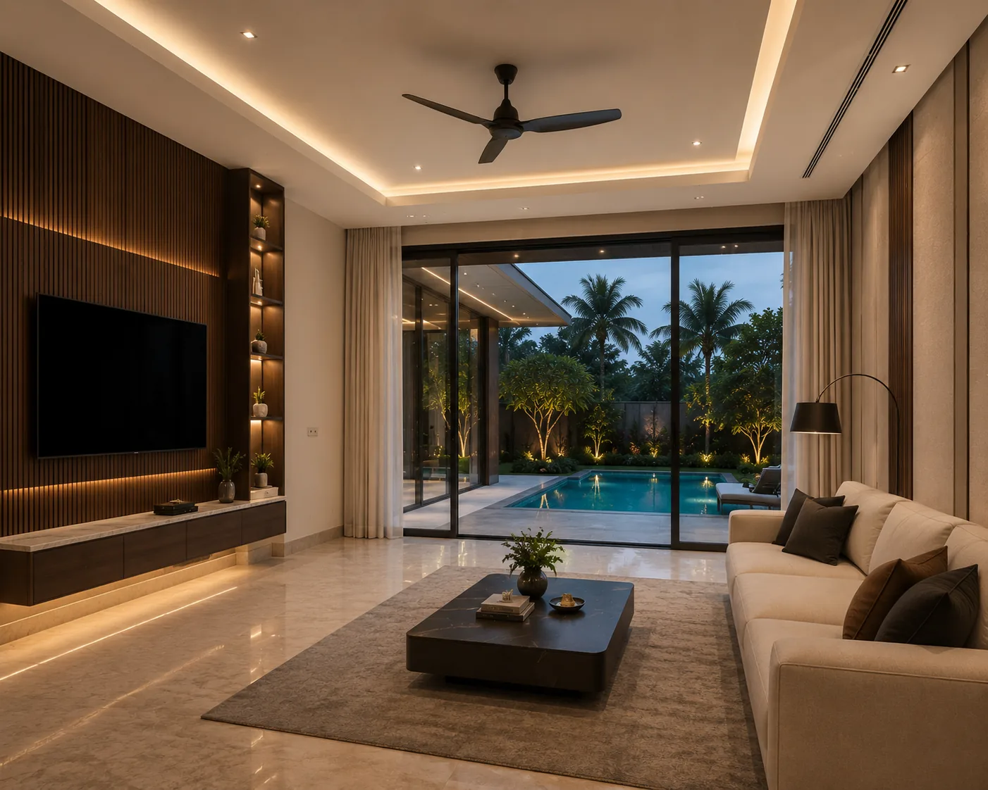 A living room opening onto a private pool at Khardi