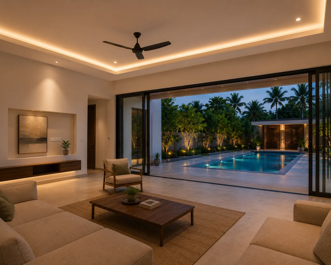 A living room opening to the pool