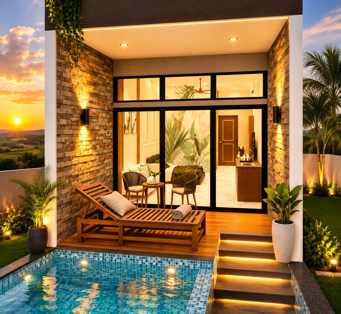 A Glass Resort Suite with its own pool at dusk
