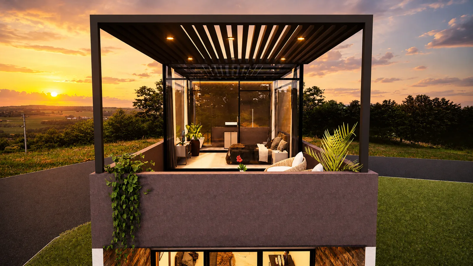 A Glass Resort Suite pergola at sunset