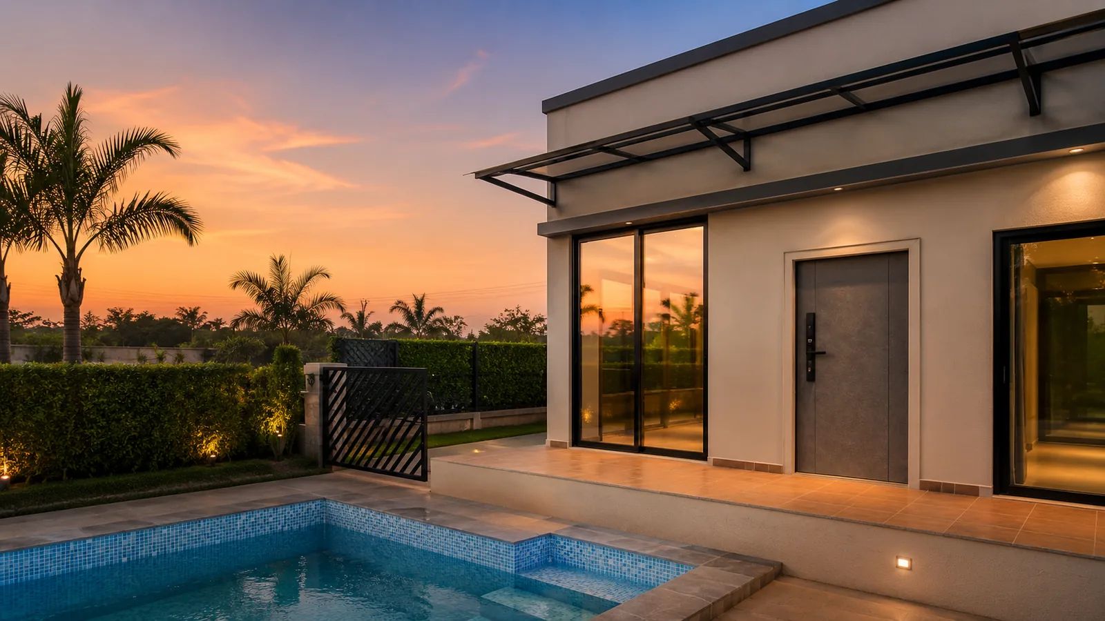 A Shahapur villa with its private pool lit up at dusk